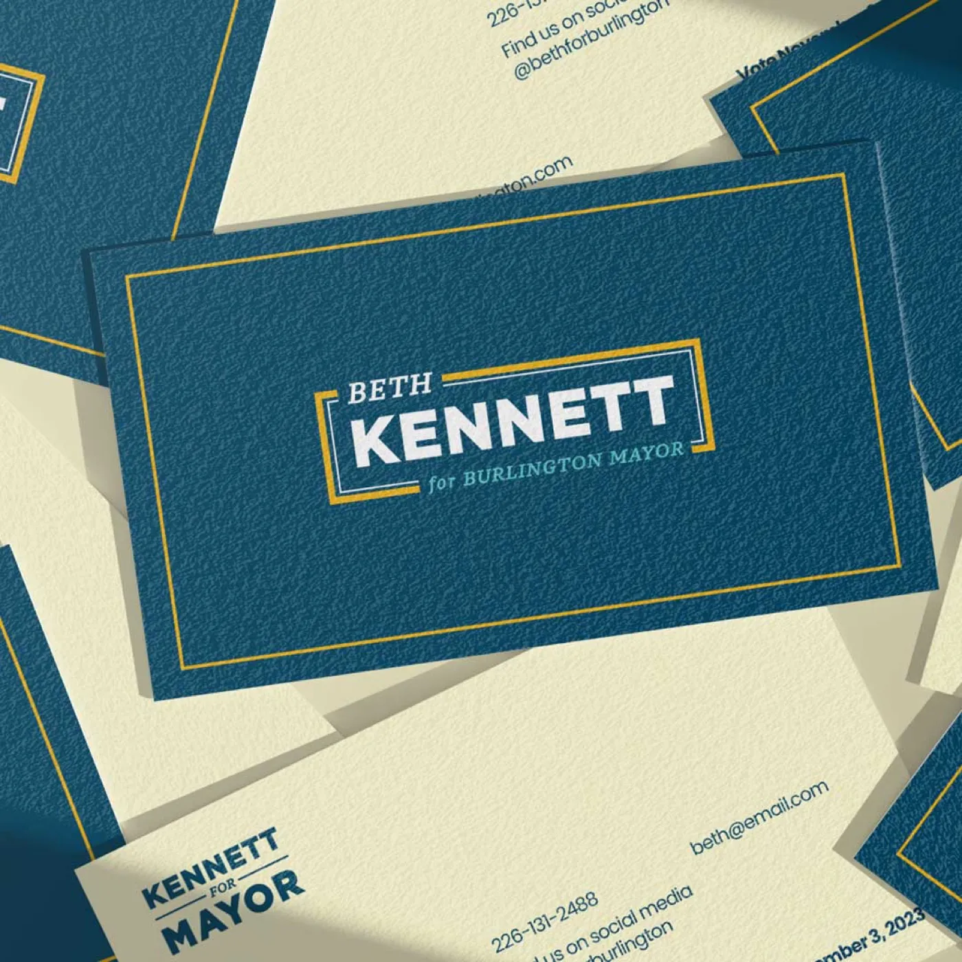 The Kennett for Burlington Mayor wordmark on printed campaign cards