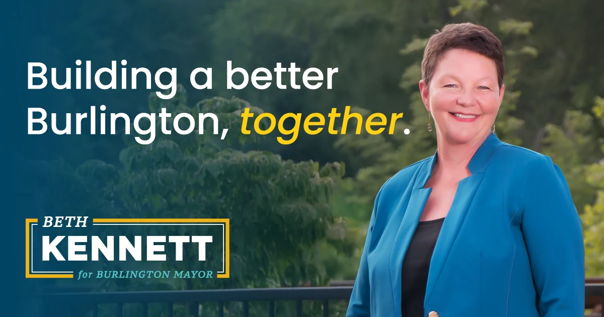 Beth Kennett campaign artwork: Building a better Burlington, together, with the Kennett for Burlington Mayor lockup