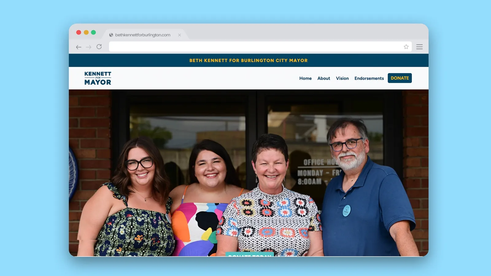 The Beth Kennett for Burlington homepage, leading with a family photograph and a donate button