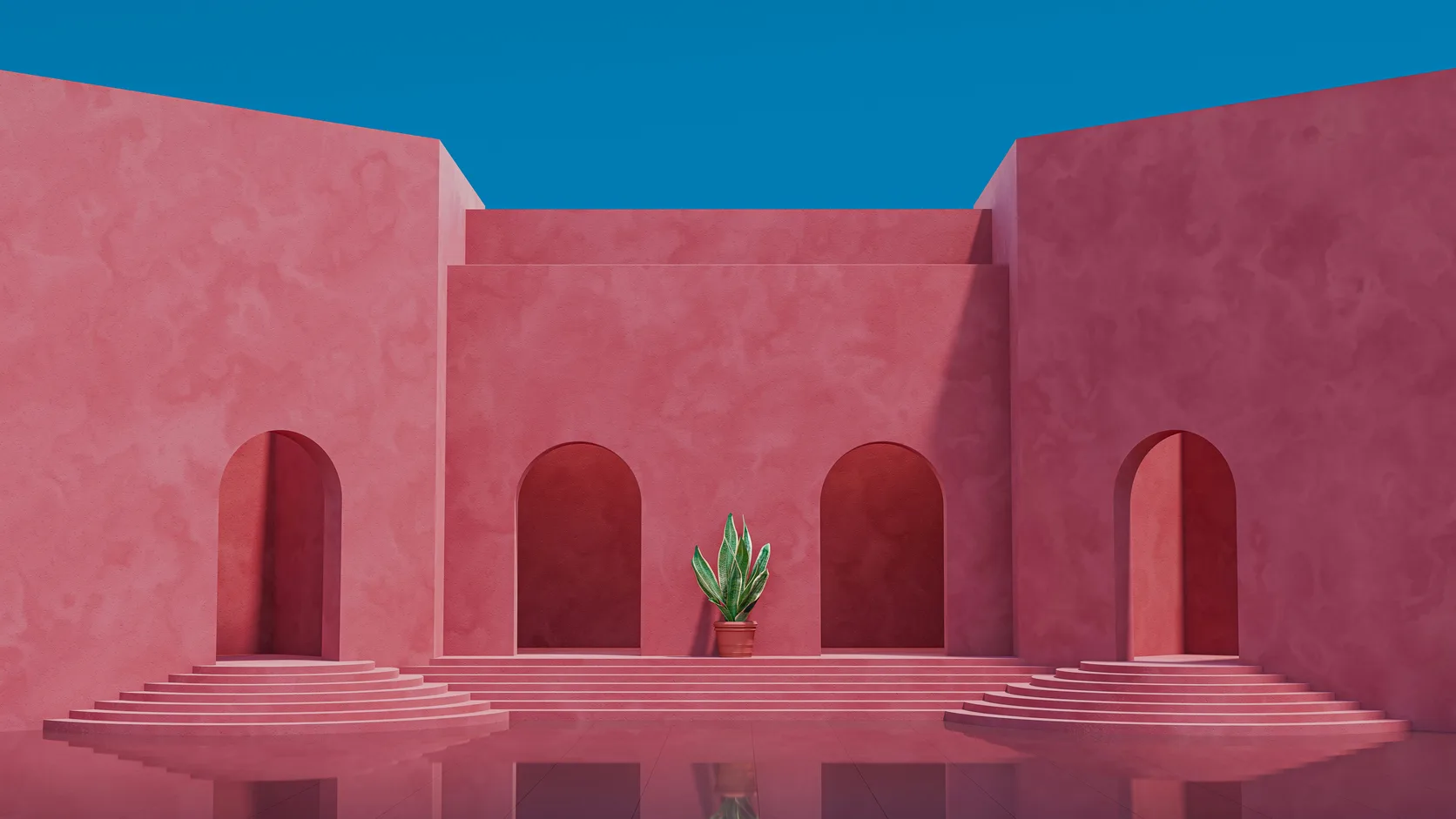 A pink courtyard with arched doorways, wide steps and a single potted plant under a blue sky