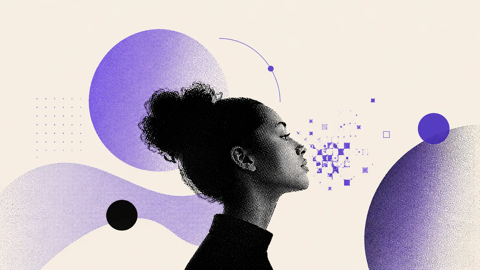 A woman's profile in stipple, dissolving into scattered pixels against violet circles