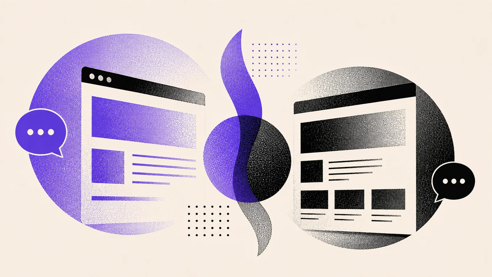 Two browser windows, one violet and one black, each with its own speech bubble, split by a curved band