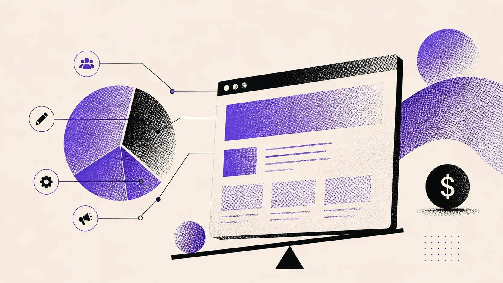 A browser window balanced on a fulcrum like a set of scales, beside a pie chart and a coin