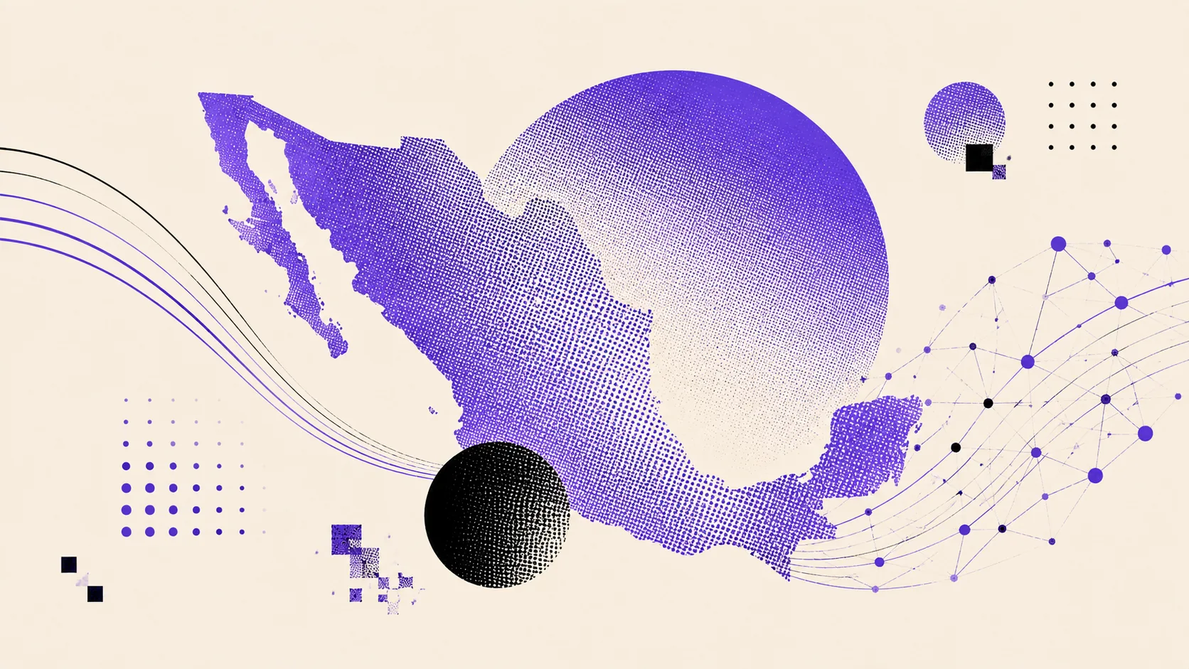 A stipple map of Mexico with flowing lines and a network of connected points