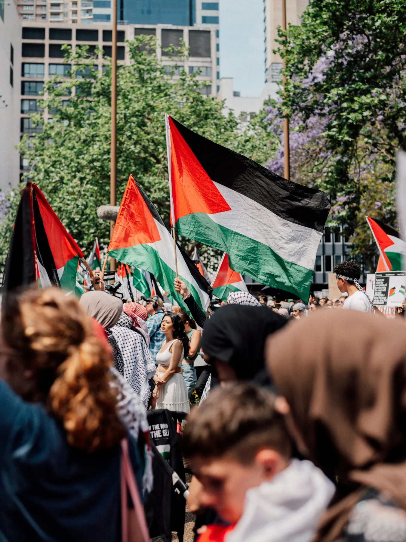 Personas ondeando banderas palestinas en una marcha
