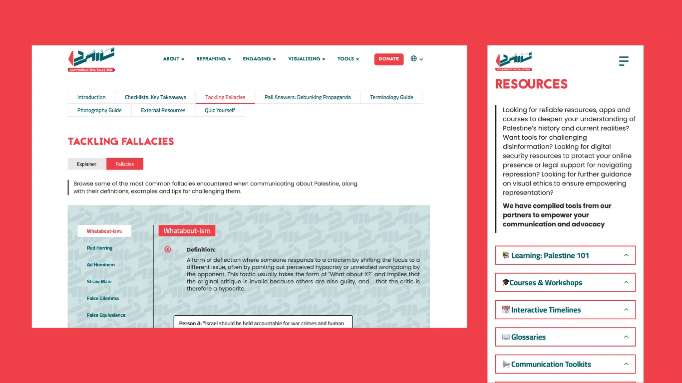 The Tackling Fallacies chapter on desktop beside the Resources page on mobile