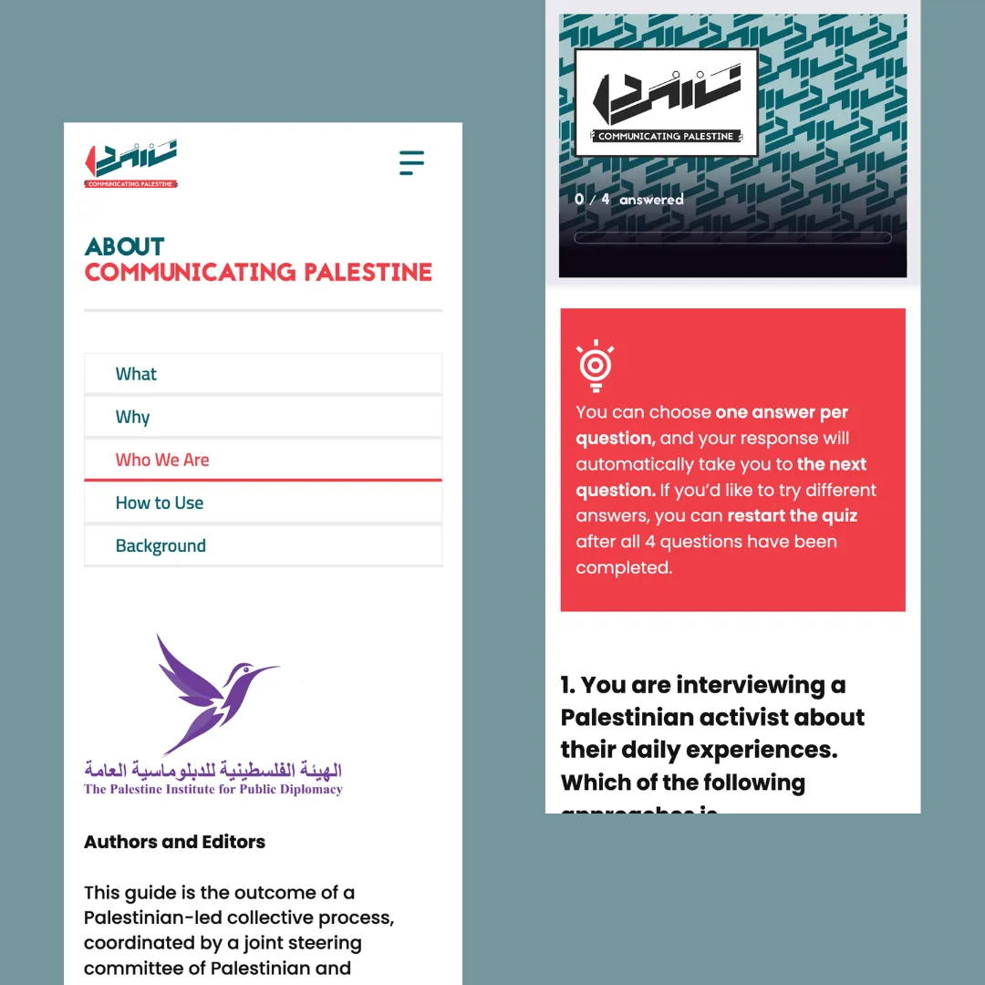 The About page and the four-question interview ethics quiz, both on mobile