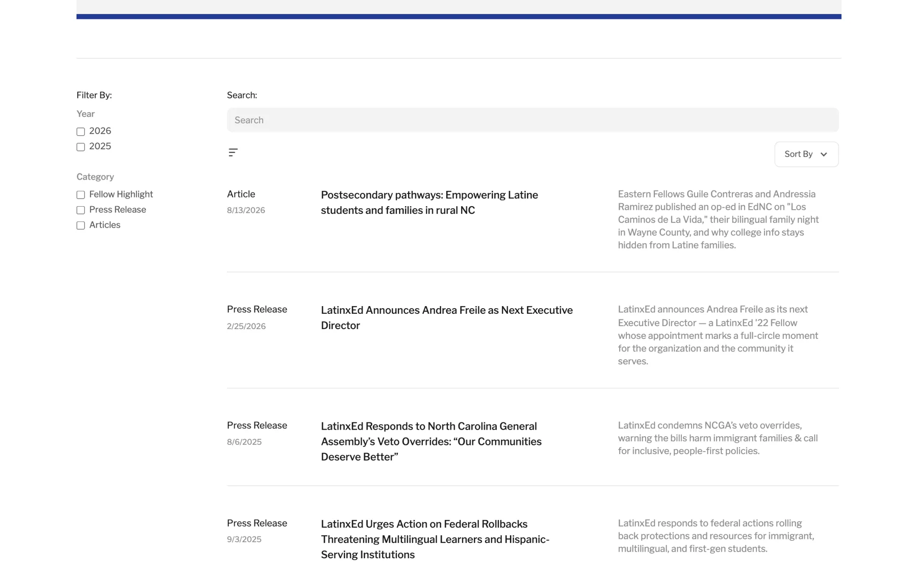 Filtros y buscador de la sala de prensa