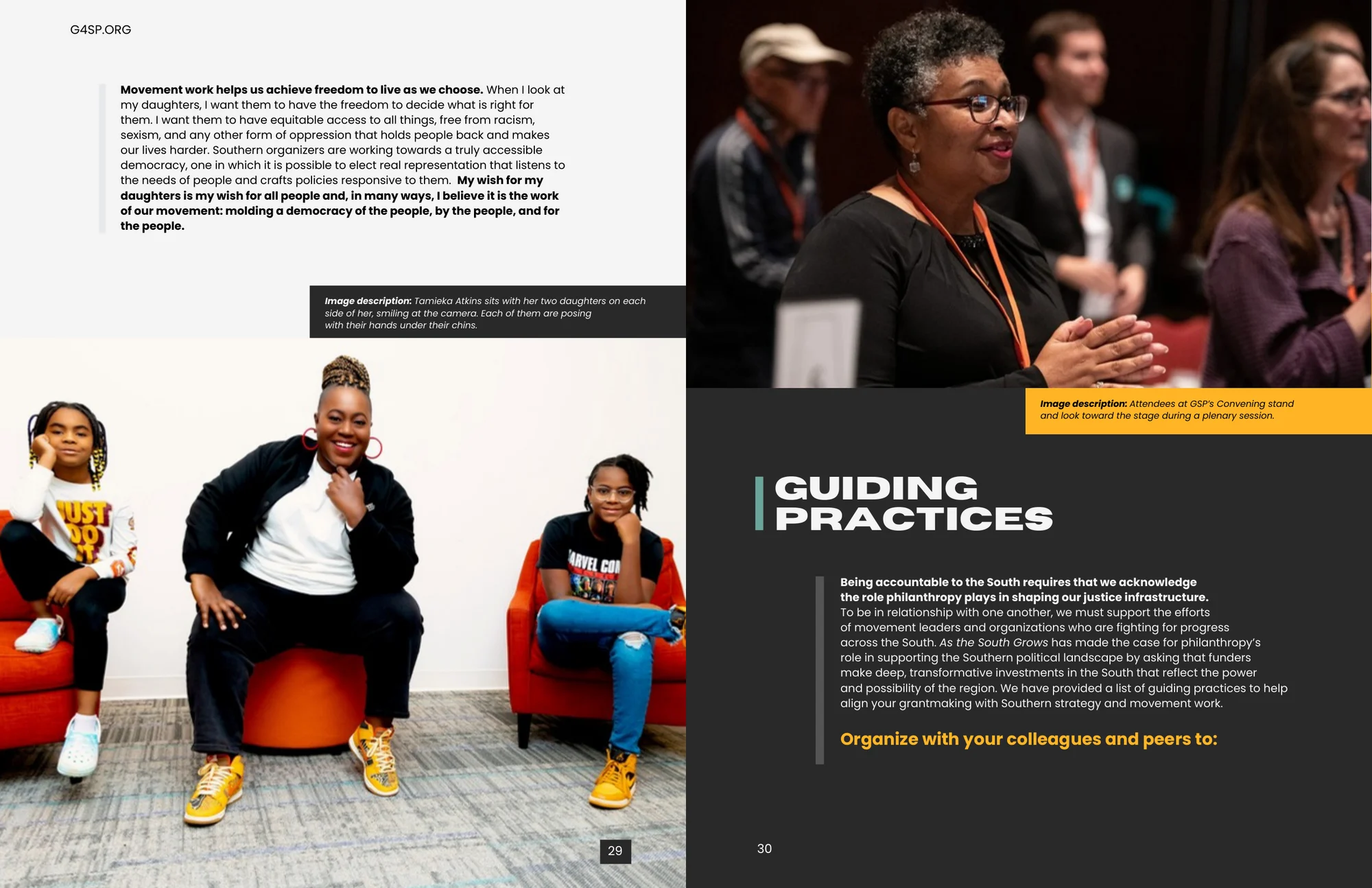Two pages of photographs from GSP’s convening, each with an image description