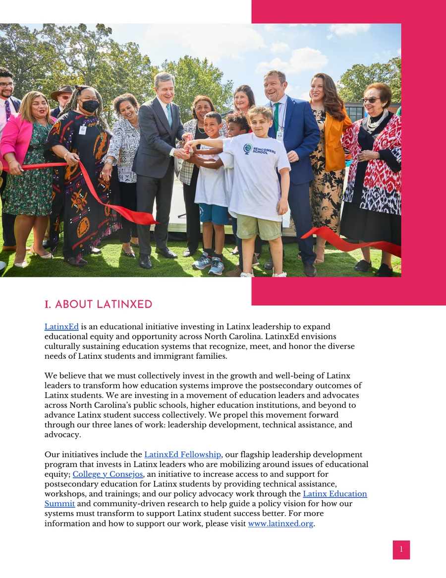 About LatinxEd, with a group photo of LatinxEd Fellows
