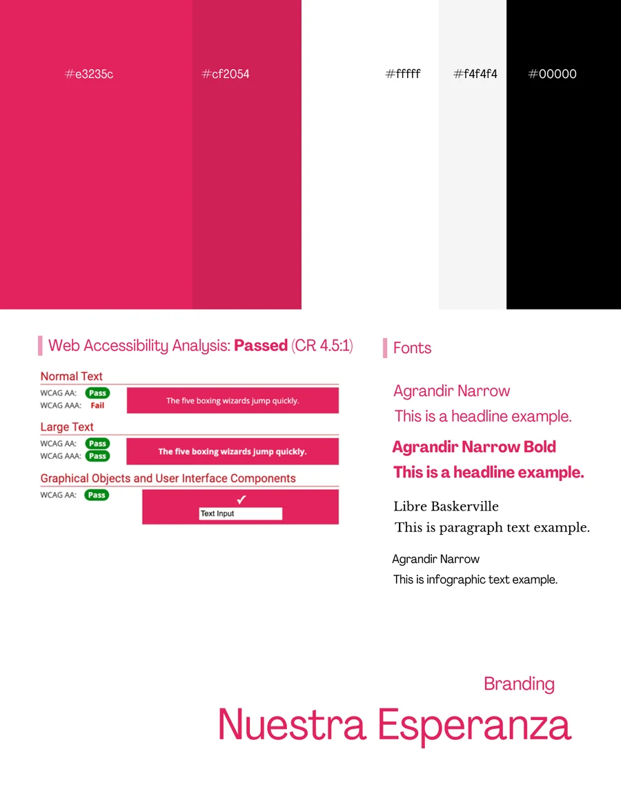The Nuestra Esperanza brand page: colors, fonts and the accessibility check