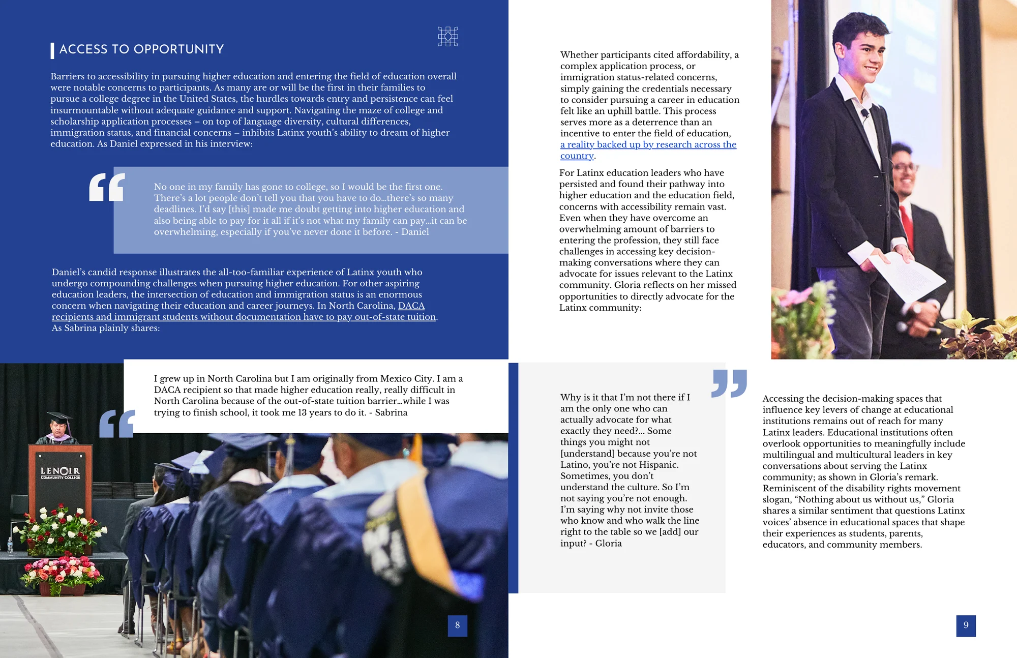 Pages on access to opportunity, with long participant quotes and event photos