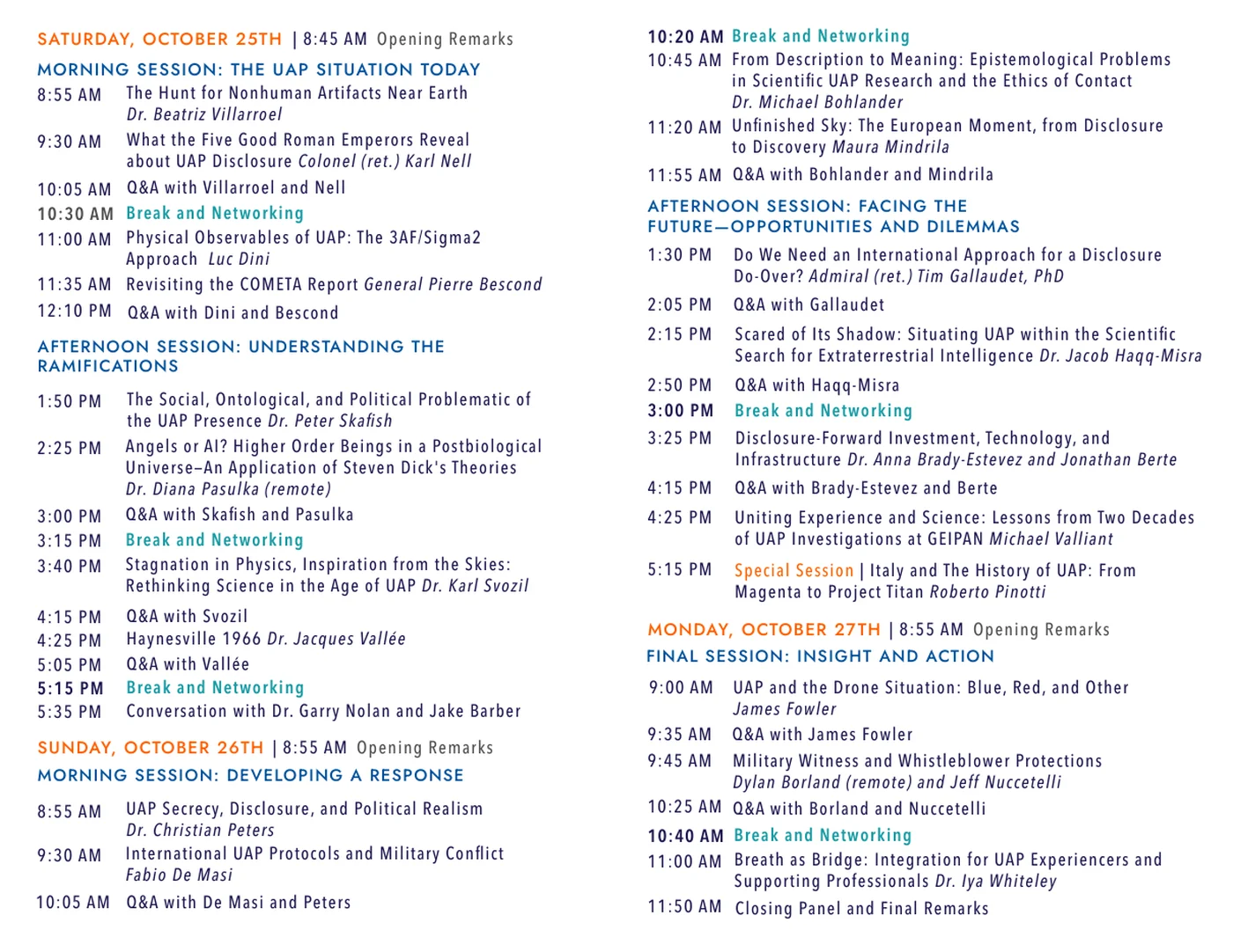The schedule of talks on the back of the program