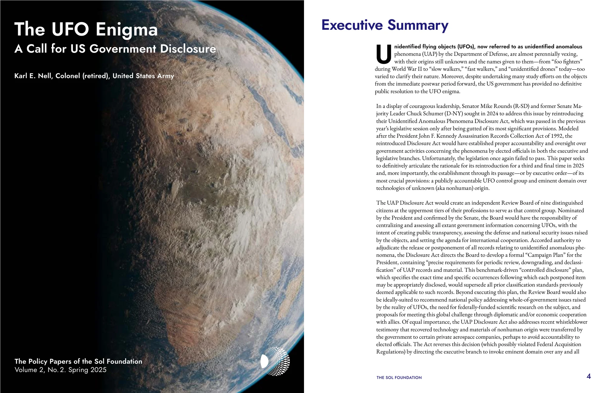 The cover and executive summary of The UFO Enigma