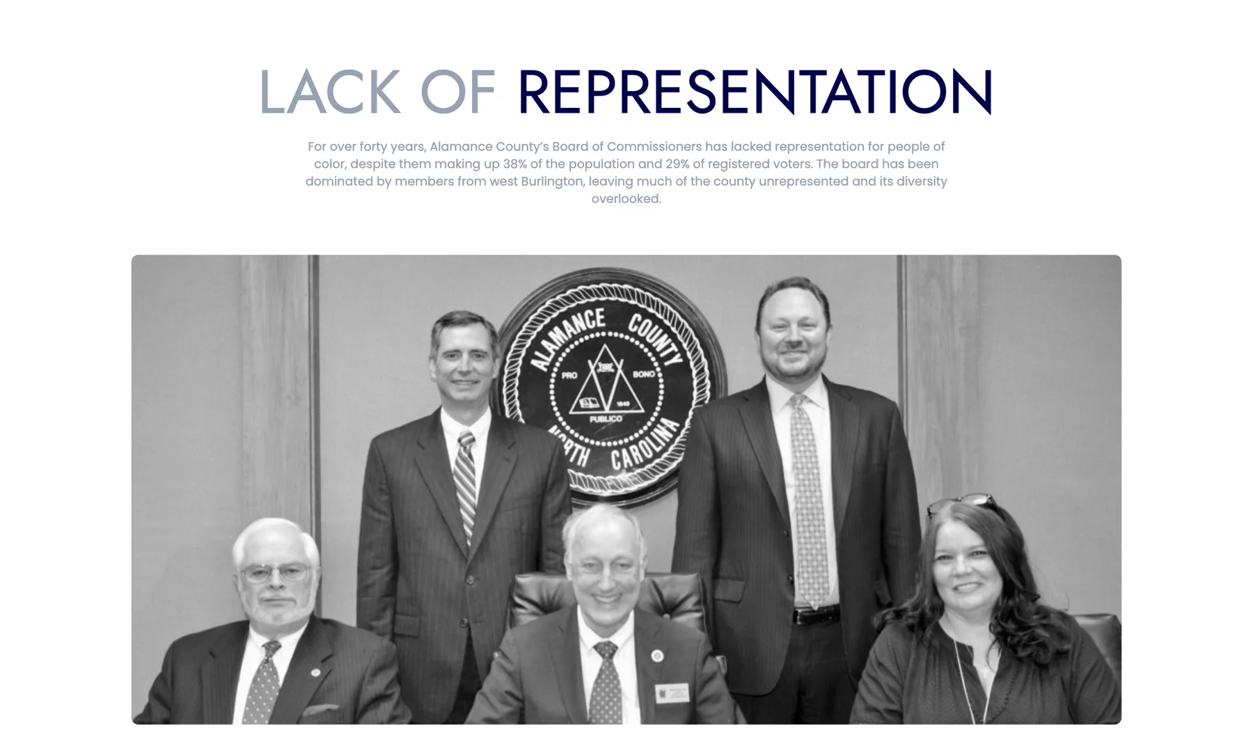 Lack of Representation, with a photo of the Board of Commissioners