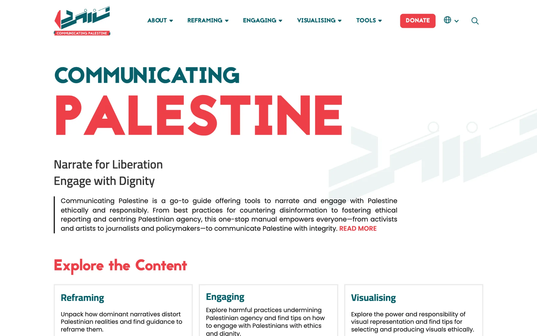 La página de inicio de Communicating Palestine
