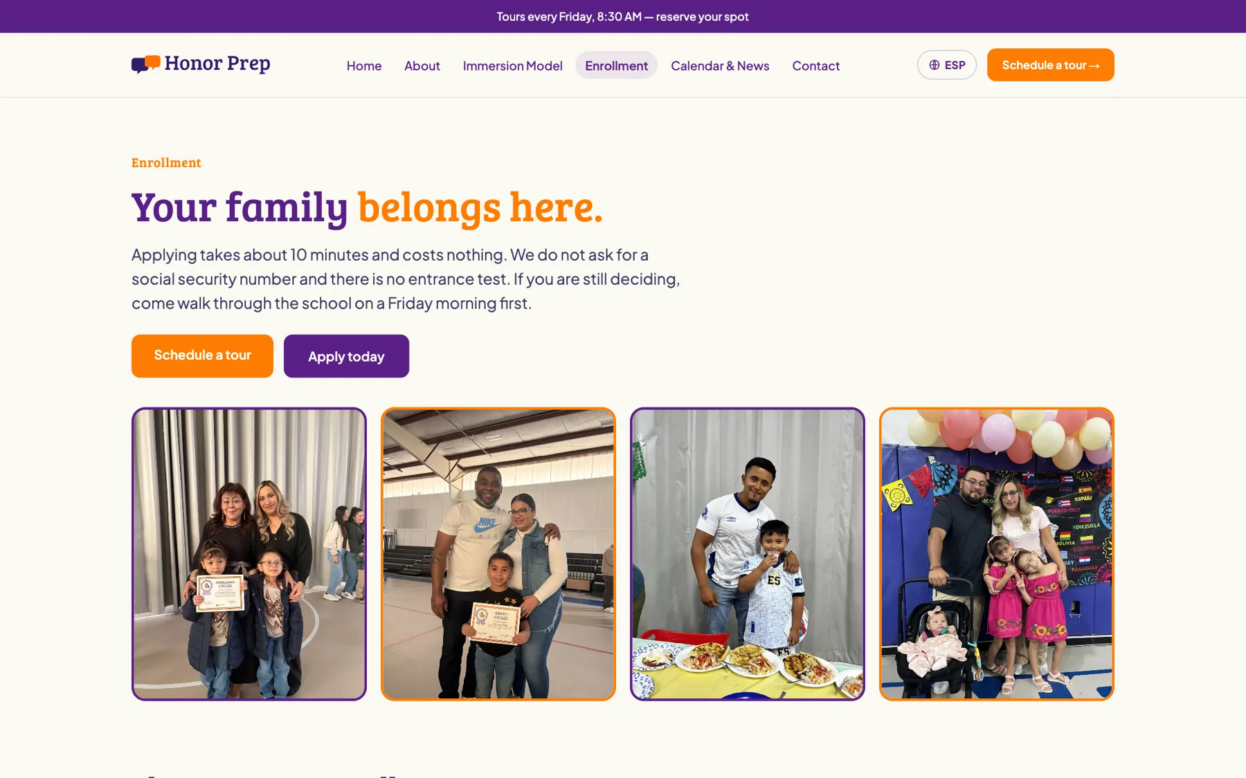 The Honor Prep enrollment page
