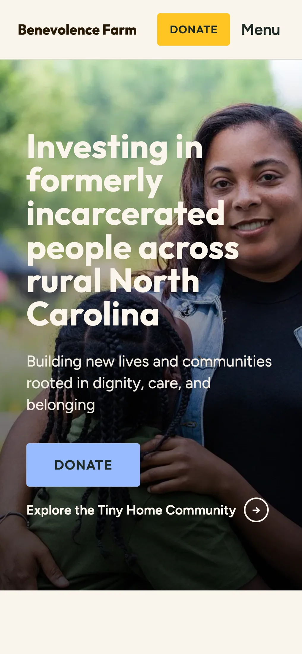 Benevolence Farm homepage on a phone