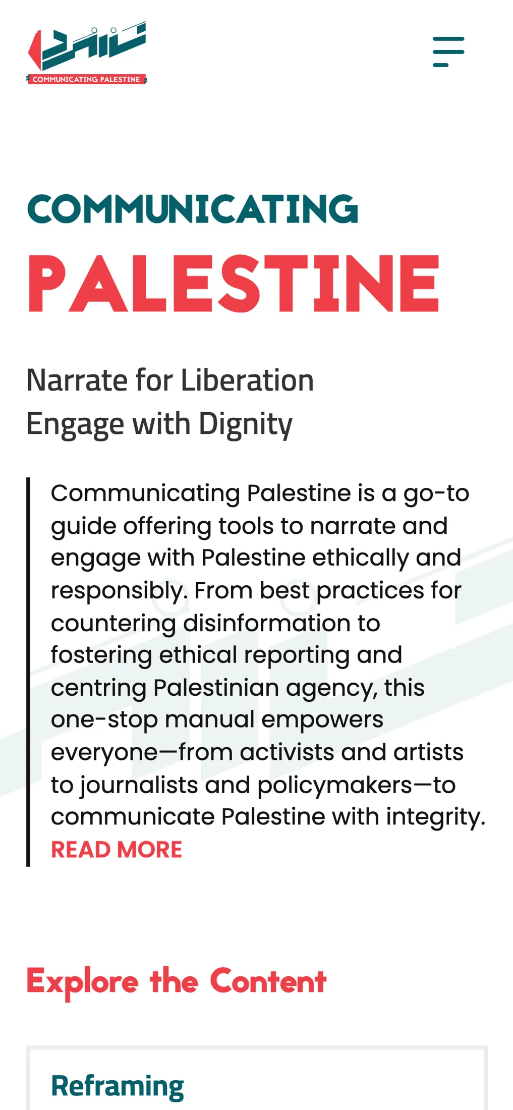 La página de inicio de Communicating Palestine en un celular