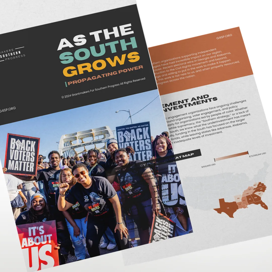 As the South Grows, a Grantmakers for Southern Progress report, cover and an interior spread with a regional funding heat map