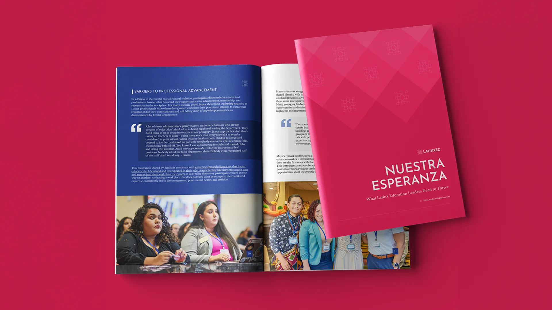 Nuestra Esperanza, a LatinxEd research report, shown as a cover and an open interior spread